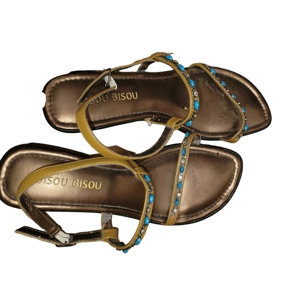 Bisou Bisou Tan Blue Beaded Sandals 7.5M - Picture 1 of 2